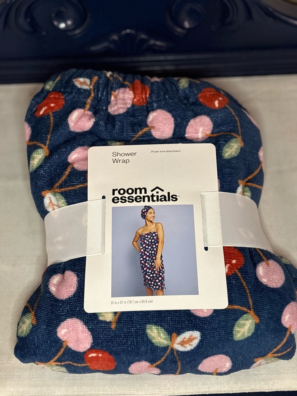 Room Essentials Navy Shower Wrap with Pink and Red Cherry Print